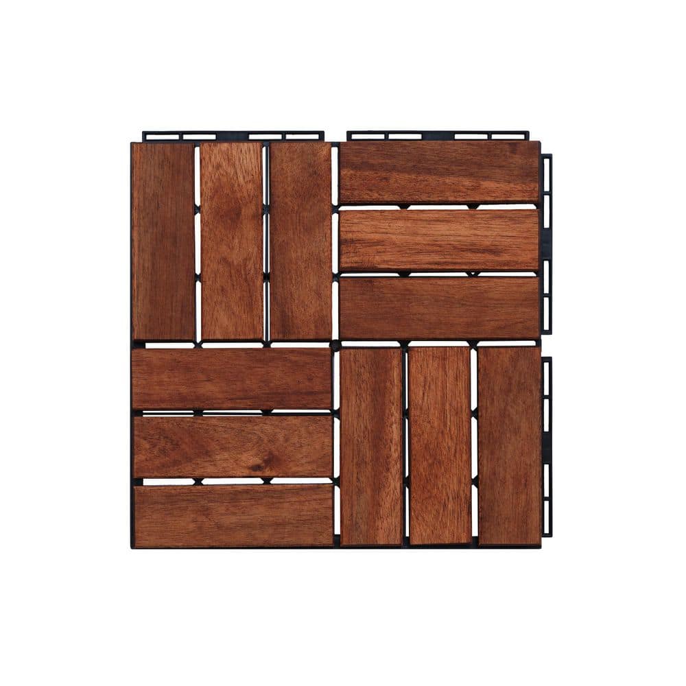 30-Pieces 12 in. Acacia Wood Interlocking Deck Tiles Hardwood With Striped 