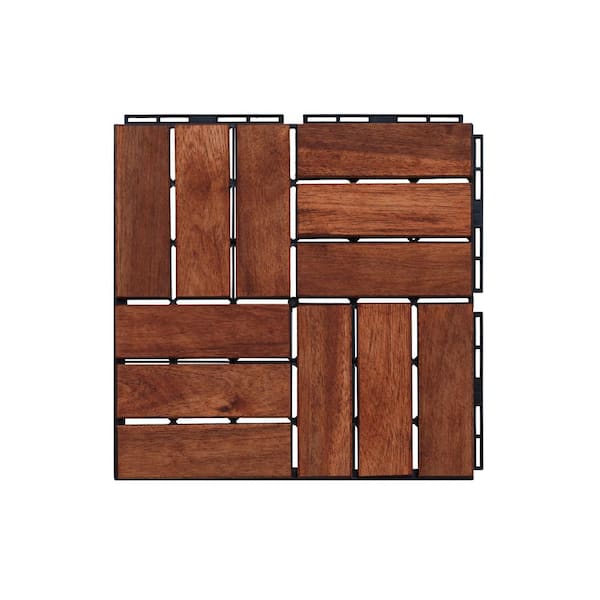 Unbranded 30-Pieces 12 in. Acacia Wood Interlocking Deck Tiles Hardwood With Striped Pattern for Outdoor Flooring, Patio, Poolside