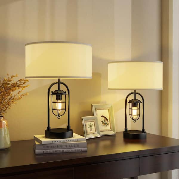 21 in. Black Table Lamp Set with Night Light and Bulbs Included (Set of 2)