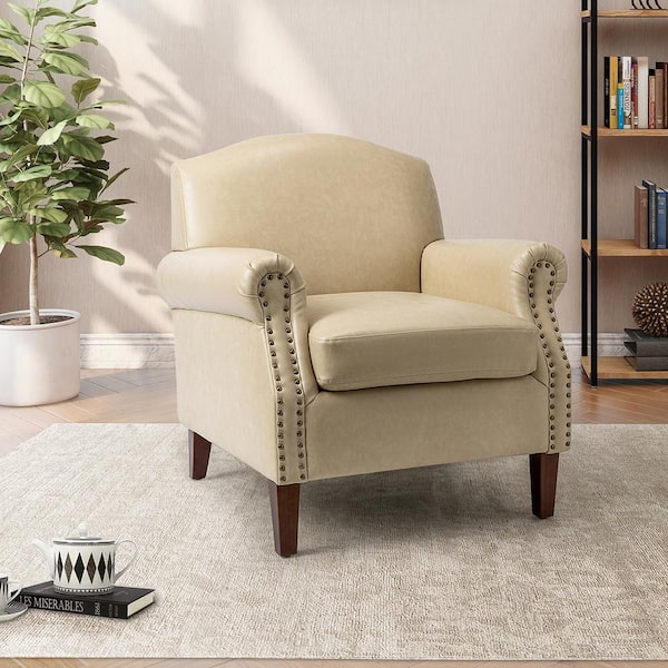 JAYDEN CREATION Gianluigi Beige Vegan Leather Armchair with Rolled Arms and Nailhead Trim