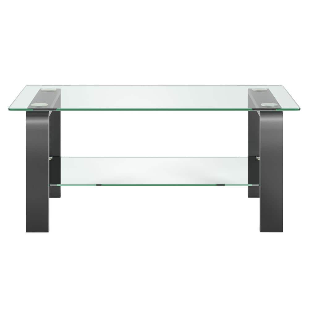 Asta Pewter Finish Rectangular Glass Coffee Table with Shelf