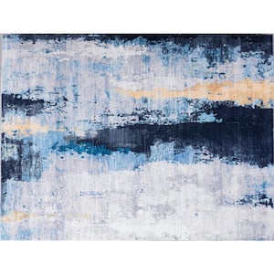 Zara Contemporary Blue-Gray/Yellow 2 ft. x 3 ft. Washable Super Soft with Abstract Design Area Rug