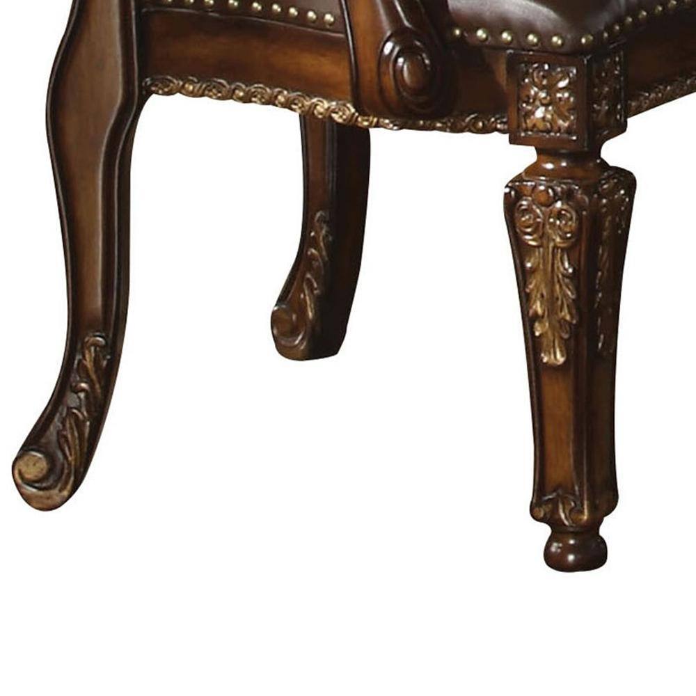 Handcrafted Brown Leather and Wood Floral Accent Chair