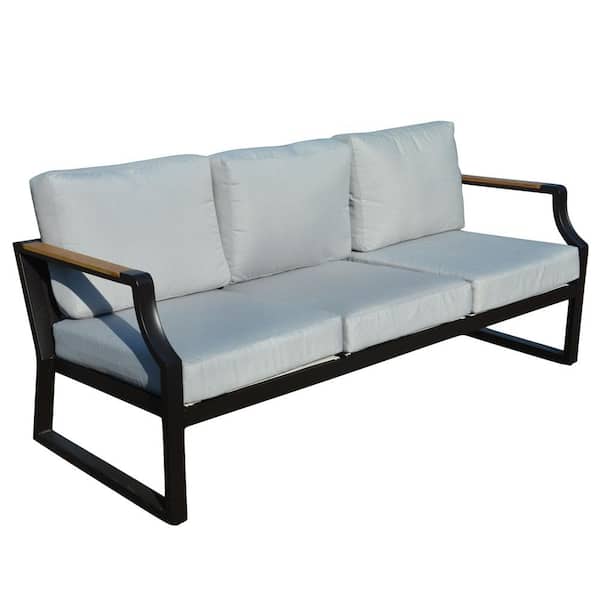 Elves Black Aluminum Outdoor Patio 3-Seat Sofa With Gray Cushions