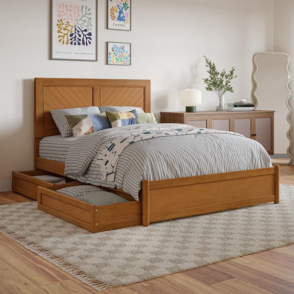 Clayton Light Toffee Natural Bronze Solid Wood Frame Full Platform Bed with Panel Footboard and Storage Drawers