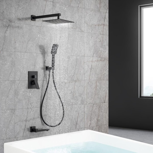10 in. Shower Head Single-Handle 1-Spray Square High Pressure Shower Faucet with Tub Spout in Black (Valve Included)