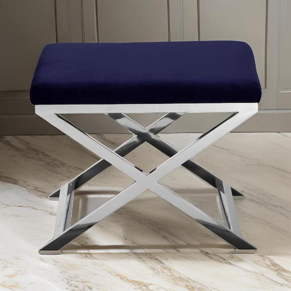 20 in. Navy Blue and Chrome Low Back Metal Accent Stool with Velvet Seat
