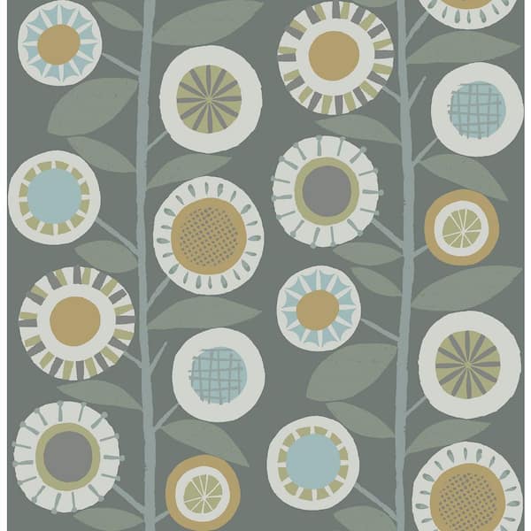 A-Street Prints Sisu Grey Floral Geometric Paper Glossy Non-Pasted Wallpaper Roll