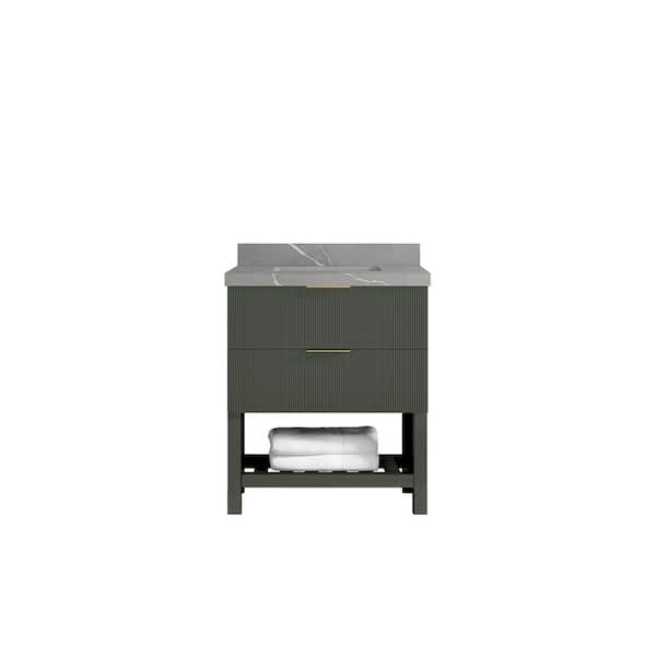 Willow Collections Catalina 30 in. Freestanding Pewter Green Bath Vanity with Piatra Gray Qt. Top Unassembled