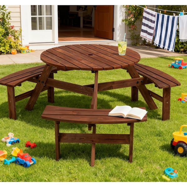 Unbranded 66.92 in. Brown Round Fir Wood Picnic Table with 3 Built-in Benches for Backyard, Garden