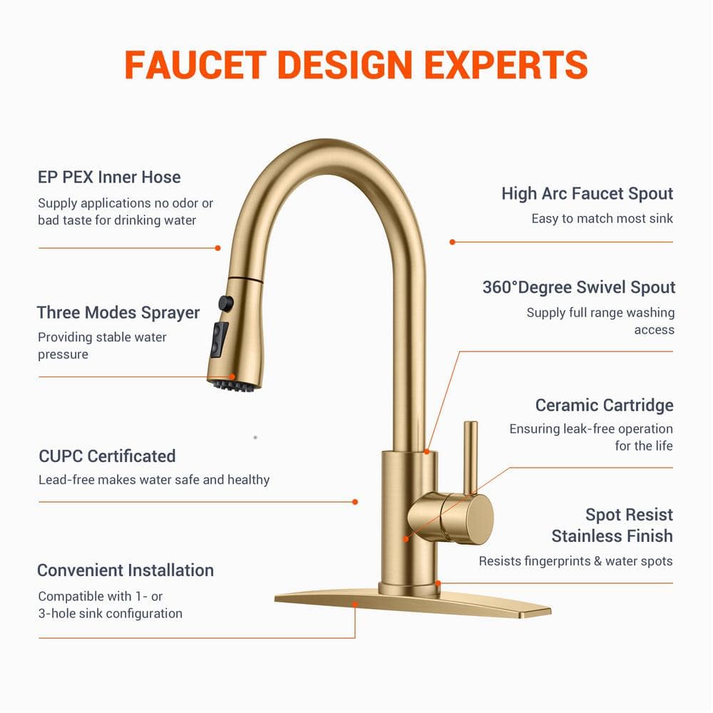 Brushed Gold Stainless Steel Pull Down Kitchen Faucet with Soap Dispenser