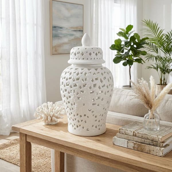 24 in. White Ceramic Pierced Cut-Out Decorative Jar
