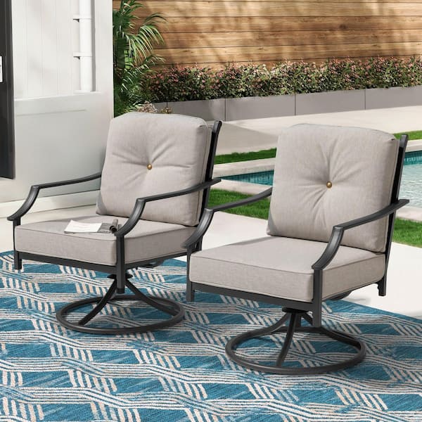 Black 2-Piece Metal Swivel Outdoor Rocking Chair with Beige Padded Olefin Cushion and Pillow