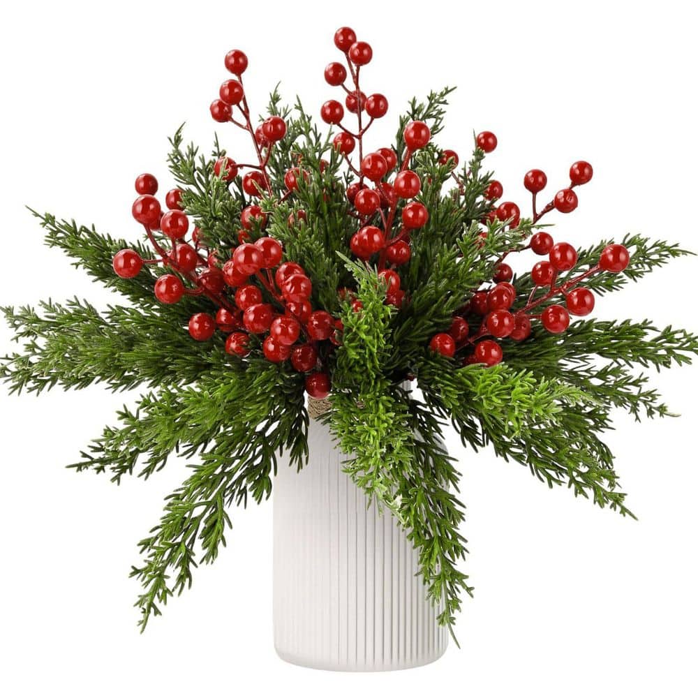 1 in. 45-Pieces Artificial Christmas Pine Branches Red Berries Greenery  Faux Cedar Pine Needle Stems Holiday Decor 59C1124D2232 - The Home Depot