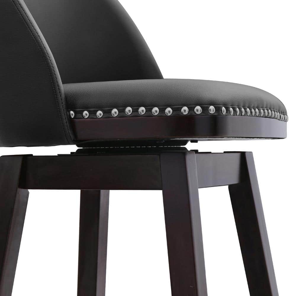 Black Faux Leather Swivel Counter Stools with Nailhead Trim, Set of 4