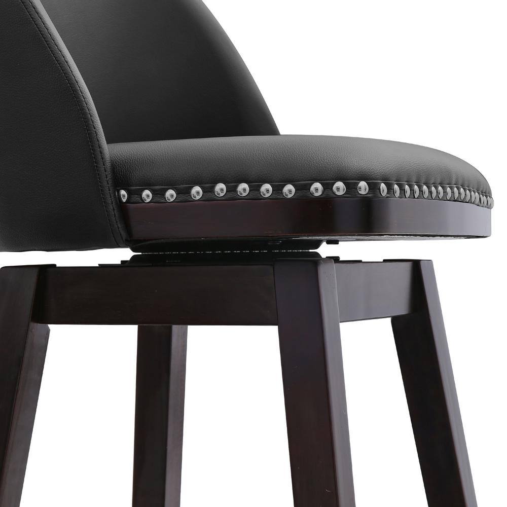 26" Black Faux Leather Swivel Counter Stools with Dark Wood Legs, Set of 3