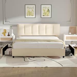 Upholstered Bed Frame, Queen Bed Frame with 4 Storage Drawers and Adjustable Headboard Platform Bed Frame Beige