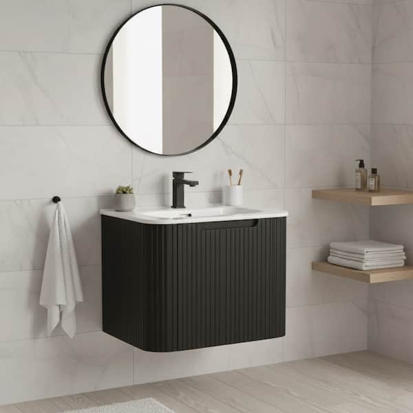 Caskvalley 24 in. Floating Bath Vanity in Carbon Black with White Ceramic Sink Top Assembled