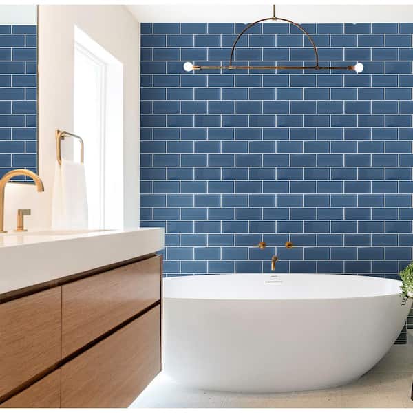 Metro 3 in. x 6 in. Glossy Blue Glass Subway Backsplash Wall Tile(8 sq.ft./case)