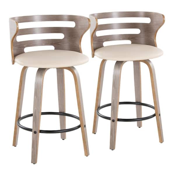 Lumisource Cosi 25.25 in. Cream Faux Leather, Light Grey Wood and Black Metal Fixed-Height Counter Stool (Set of 2)