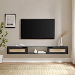 70 in. Black Wood Modern Floating TV Stand with 2 Faux Rattan Doors Fits TVs up to 80 in.