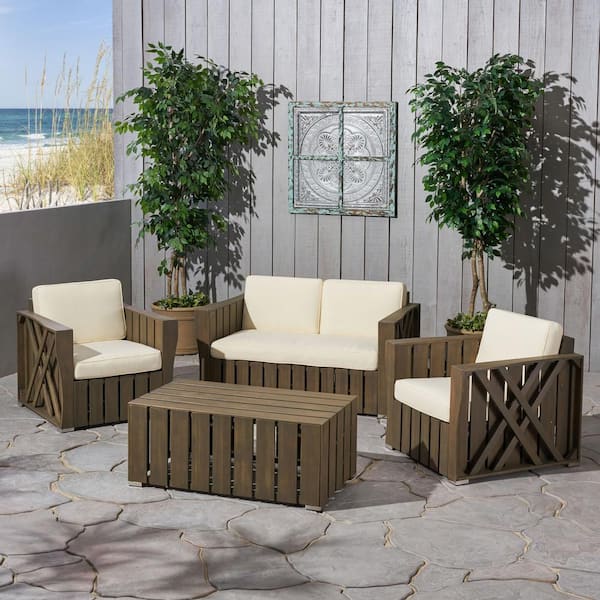 Noble House Cadence Grey 4-Piece Wood Patio Conversation Set with Cream Cushions