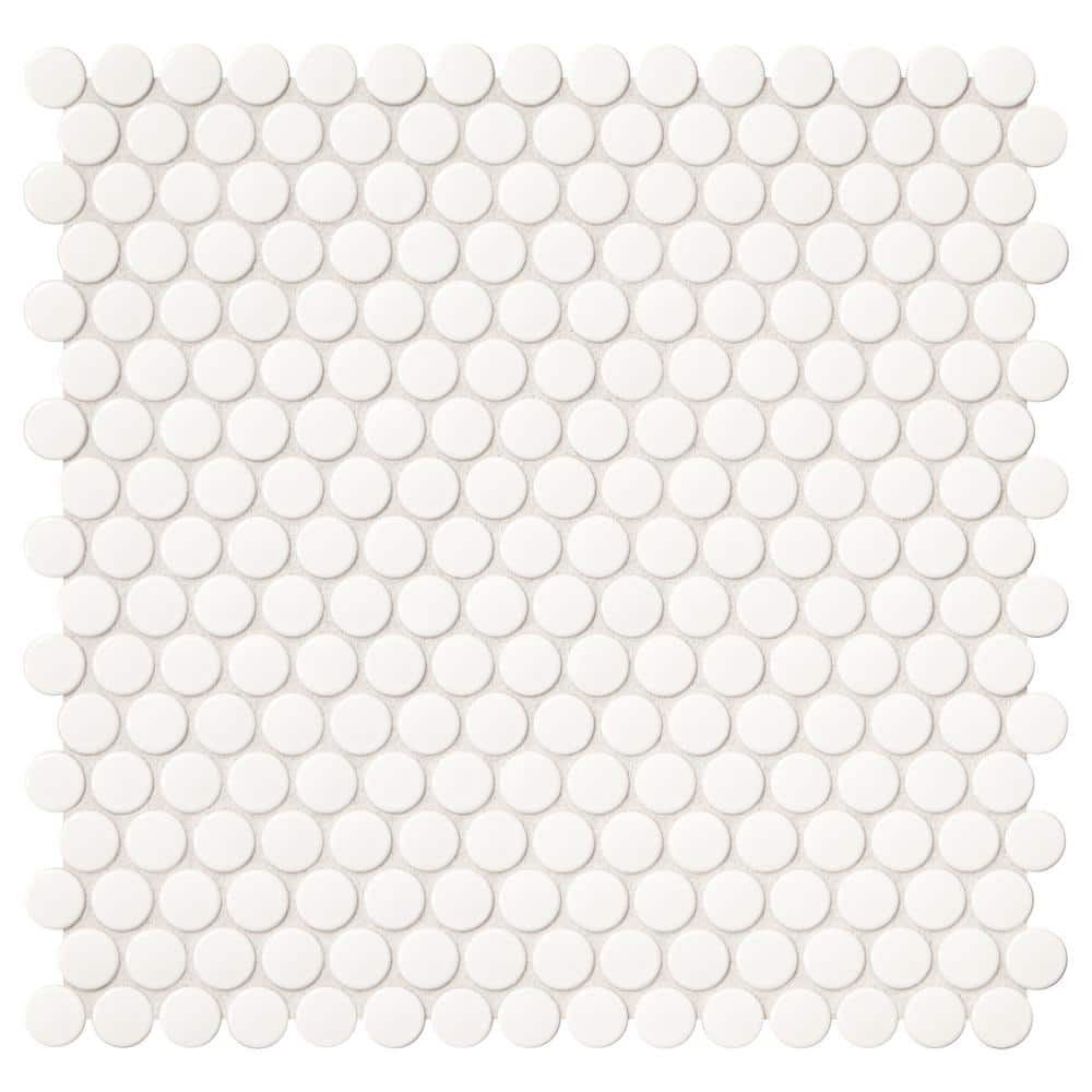 Finesse Glossy White 12 in. x 13 in. x 6.35 mm Porcelain Penny Round Mosaic