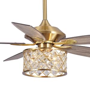 52 in. Indoor Gold 3-Light Downrod Mount Chandelier Ceiling Fan with Crystal Light Kit and Remote Control