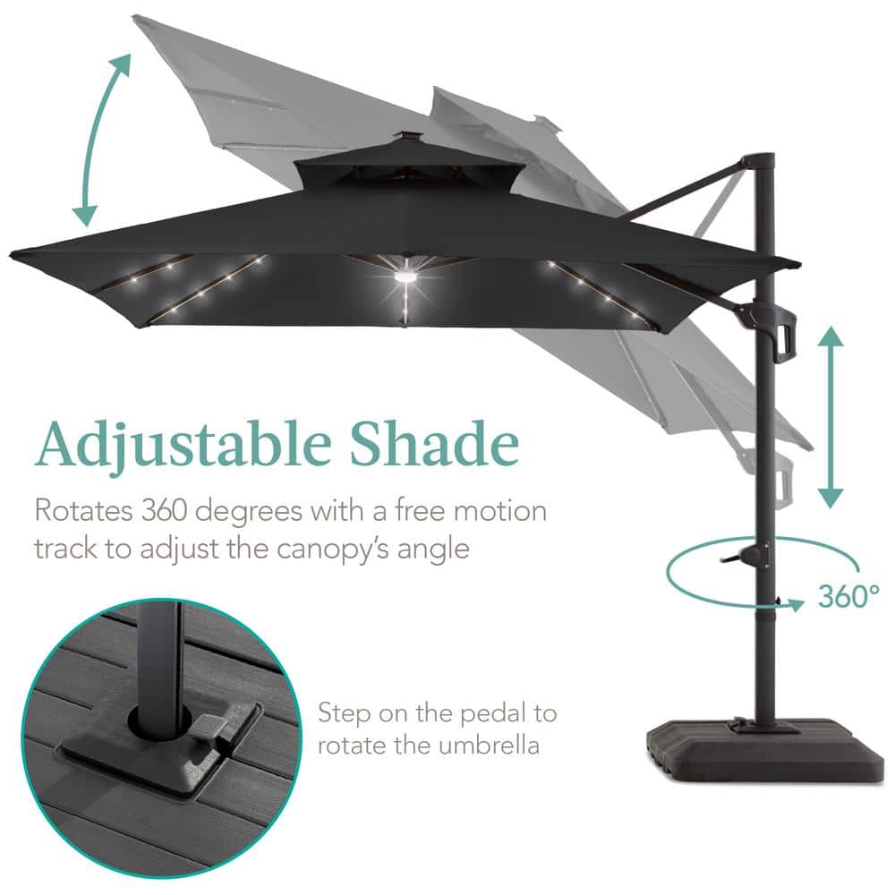 Gray 10ft 2-Tier Square Cantilever Patio Umbrella with Solar LED Lights