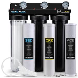 Pro Aqua ELITE Whole House Water Filter 3 Stage Well Water Filtration System with Gauges, PR Button, 1 Ports, Filter Set