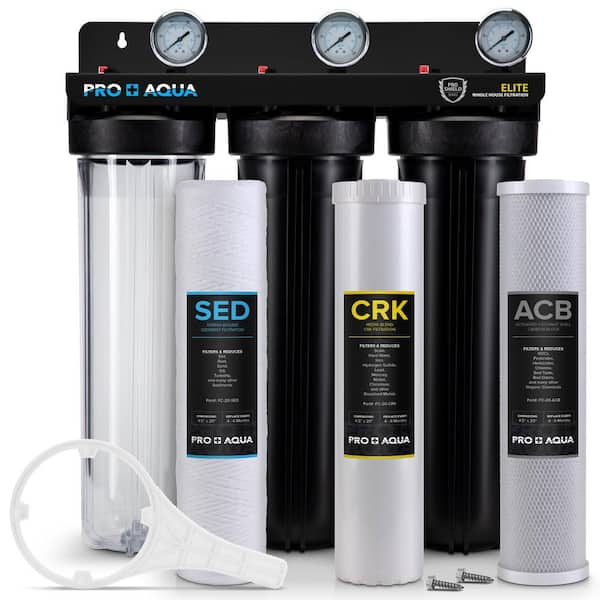 PRO+AQUA Pro Aqua ELITE Whole House Water 3 Stage Well Water Filtration with Gauges, PR Button, 1 Ports, Filter Set-PRO-100-E The Home Depot