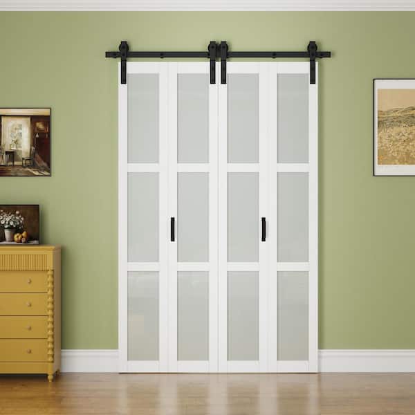 50 in. x 84 in. 3-Lite Tempered Frosted Glass White Finished Glass Bi-Fold Sliding Barn Door with Hardware Kit