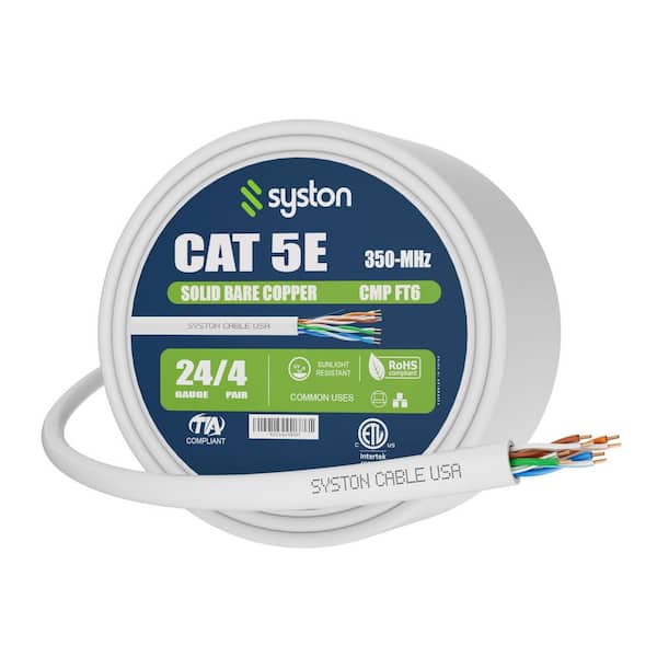 Syston Cable Technology 100 ft. White CMP Cat5e 350 MHz 24 AWG Solid Bare Copper Ethernet Network Wire Data Cable - Bulk No Ends Heat Resistant