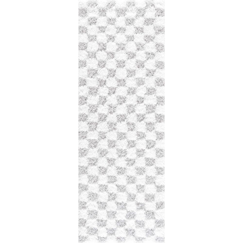 Light Gray and Cream Checkered Shag Synthetic Area Rug 7'10" x 10'3"