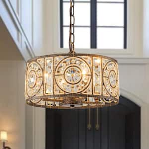 Iridescent 4-Light Vintage Crystal Drum Antique Bronze Chandelier Retro Classic Small Lighting Fixture for Dining Room