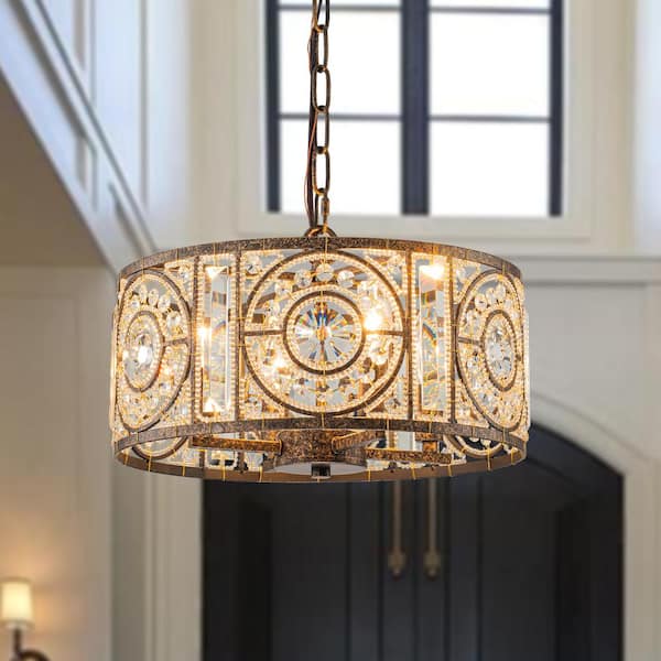 HUOKU Iridescent 4-Light Vintage Crystal Drum Antique Bronze Chandelier Retro Classic Small Lighting Fixture for Dining Room