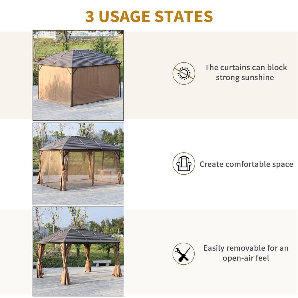 Brown Aluminum and Steel Hardtop Gazebo with Curtains and Netting