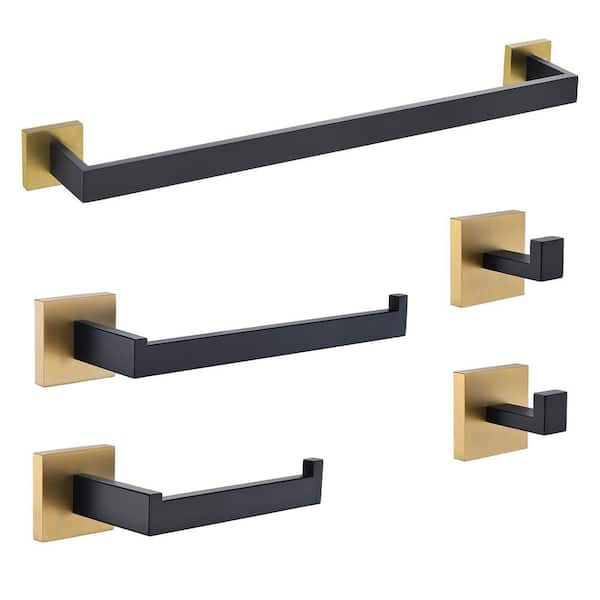 5-Piece Matte Black and Satin Brass Bathroom Accessories Set with 2-Towel Bar 2-Towel Hook and 1Toilet Paper Holder