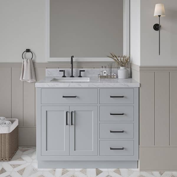 ARIEL Hepburn 43 in. W x 22 in. D x 36 in. H Bath Vanity in Grey with Carrara Marble Vanity Top in White with White Basin