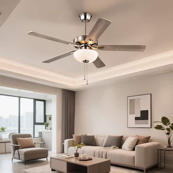 52 in. Indoor Brushed Nickel 5-Blade Modern Reversible Ceiling Fan with Light Kit and Pull Chain