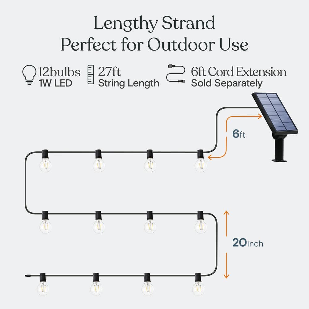 27 Ft Warm White Solar Powered LED Globe String Lights