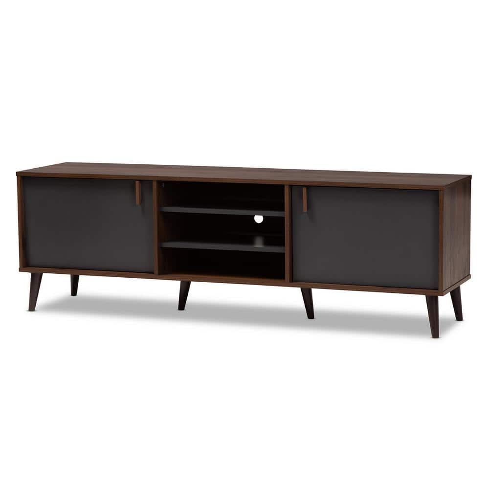 Samuel Walnut Brown and Dark Gray Mid-Century TV Stand with Cabinets