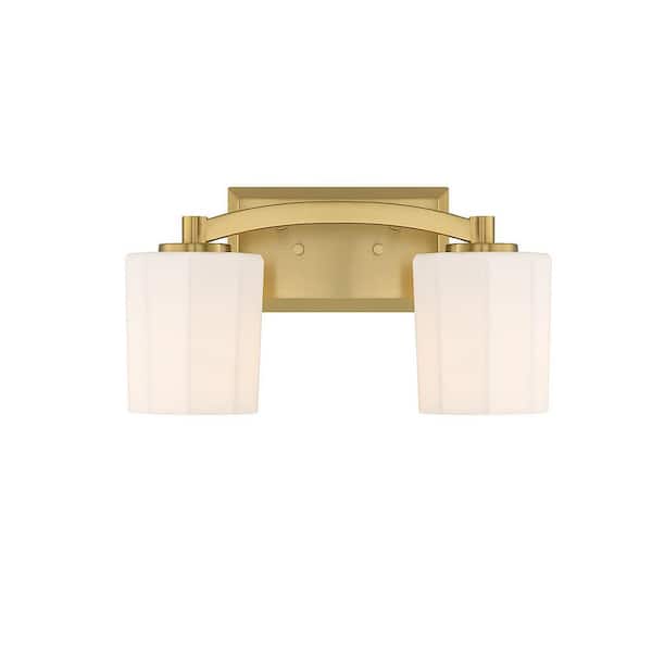 Whitney 14 in. 2-Light Warm Brass Vanity Light with Fluted Opal Etched Glass Shades