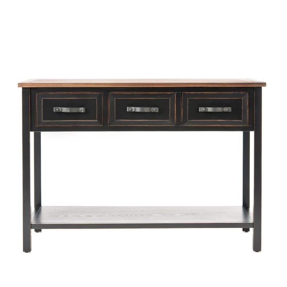 Transitional Black and Oak Rectangular Console Table with Storage