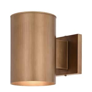 Chiasso 7.25 in. H Warm Brass Outdoor Mid Century Modern 1-Light Outdoor Cylinder Wall Sconce, Dark Sky