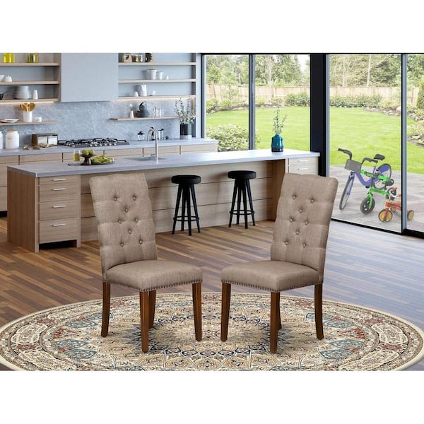 East West Furniture Mahogany, Parson Dining Chairs - Button Tufted Nailhead Trim Dark Khaki Linen Fabric Upholstered Chairs, Set Of 2