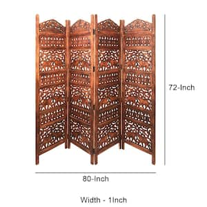 Traditional Brown Wooden Carved 4-Panel Room Divider Screen with Intricate Cutout Details