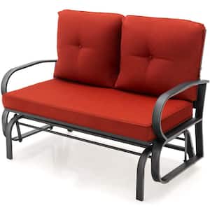 Black Metal 2-Person Outdoor Patio Glider with Red Cushions