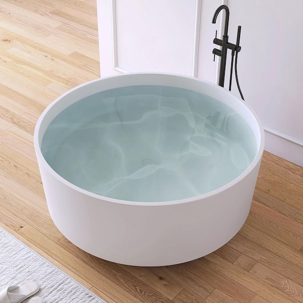 49.2 in. x 49.2 in. Round Stone Resin Solid Surface Flatbottom Freestanding Soaking Bathtub in Matte White