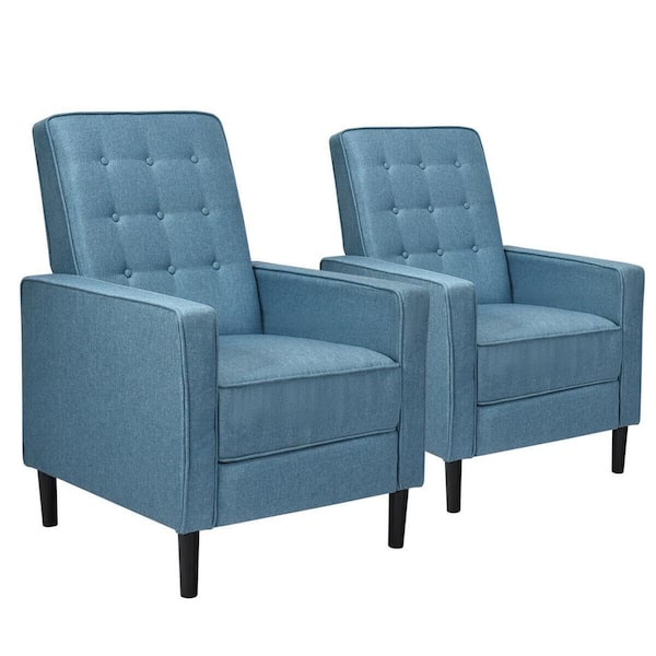 Gymax 27.5 in. W Blue Push Back Recliner Chair Fabric Tufted Single Sofa with Footrest (Set of 2)